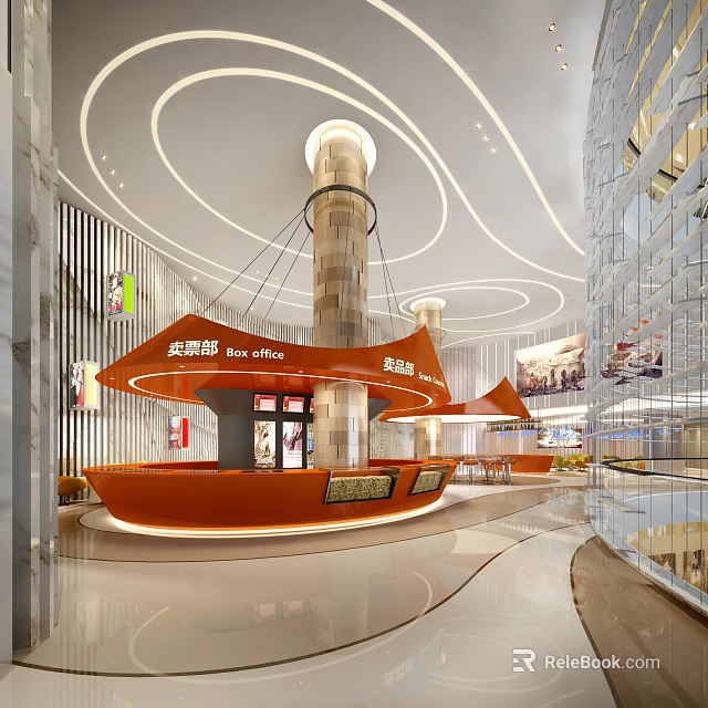 Modern Cinema Ticket Area With Curved Counters And Lighting 3d model