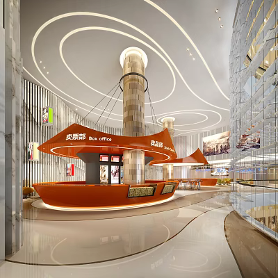 Modern Cinema Ticket Area With Curved Counters And Lighting 3d model