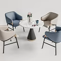 Round Marble Top Table Chair Set With Light Blue Beige Chairs Black Legs Vase Flowers