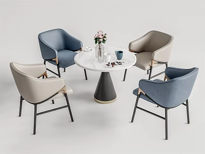 Round Marble Top Table Chair Set With Light Blue Beige Chairs Black Legs Vase Flowers 3d model