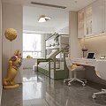 Kids Room Interior Design With Green Bunk Bed Study Desk Storage Cabinets And Astronaut Decor