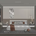 Modern Bedroom Interior With Large Bed Decorative Art Pendant Lights Nightstands And Area Rug