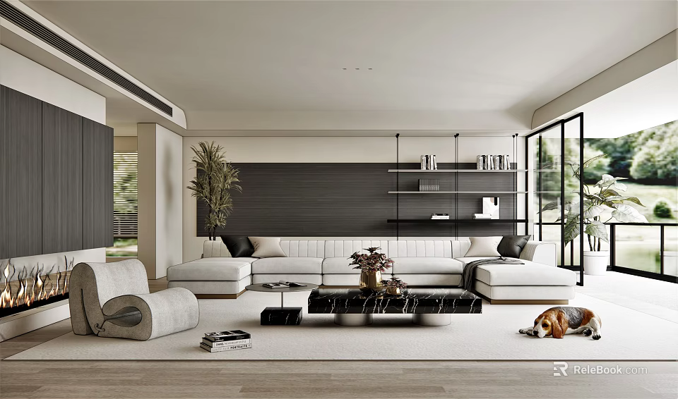 Modern Living Room Interior With Sectional Sofa Coffee Table And Floor To Ceiling Windows 3d model 
