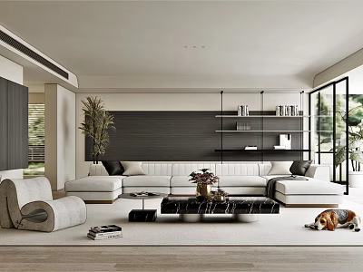 Modern Living Room Interior With Sectional Sofa Coffee Table And Floor To Ceiling Windows 3d model