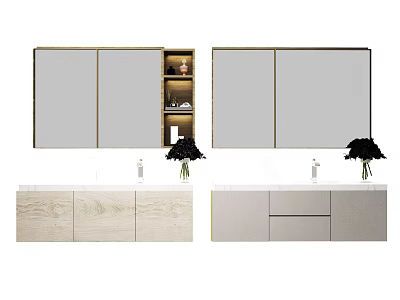 Modern Bathroom Vanity With Mirror Cabinet Wooden Countertop And Black Flower Vase 3d model
