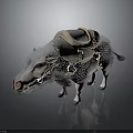 Gray Wild Boar Wearing Brown Saddle With Golden Chains And Metal Rings