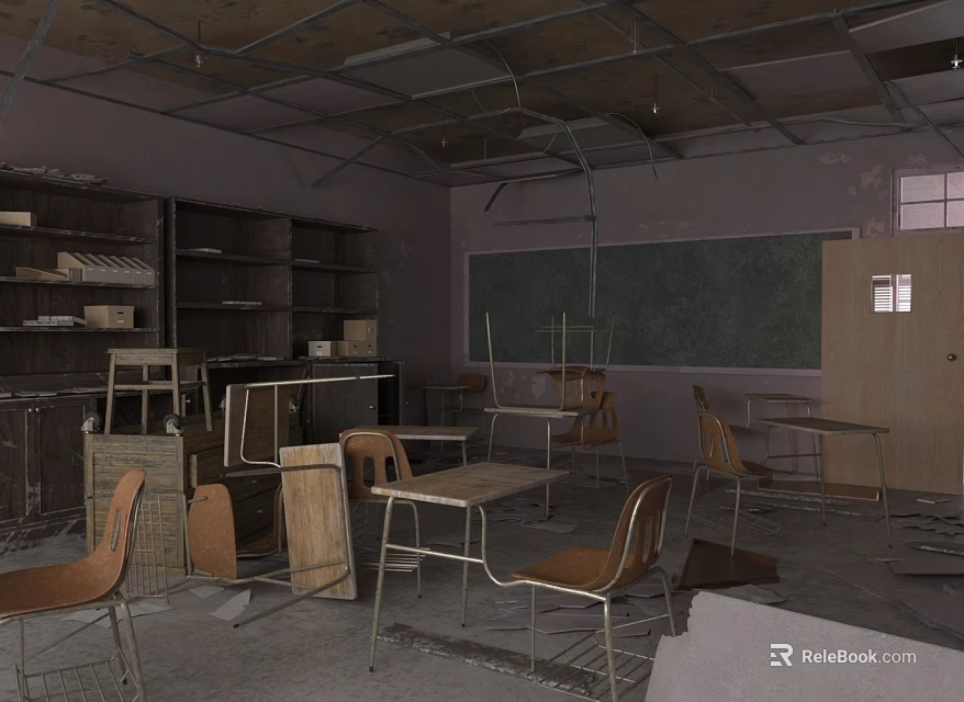 School Dilapidated Classroom With Damaged Desks Chairs Blackboard Bookshelves And Ceiling 3d model 