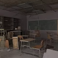 School Dilapidated Classroom With Damaged Desks Chairs Blackboard Bookshelves And Ceiling