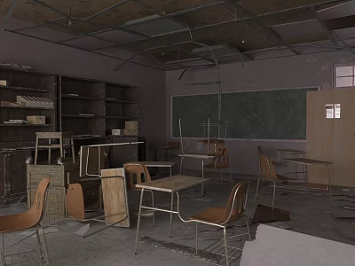 School Dilapidated Classroom With Damaged Desks Chairs Blackboard Bookshelves And Ceiling 3d model