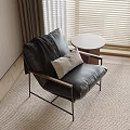 Black Leather Leisure Chair with Wooden Armrests and Round Side Table on Woven Carpet near Window with Blinds