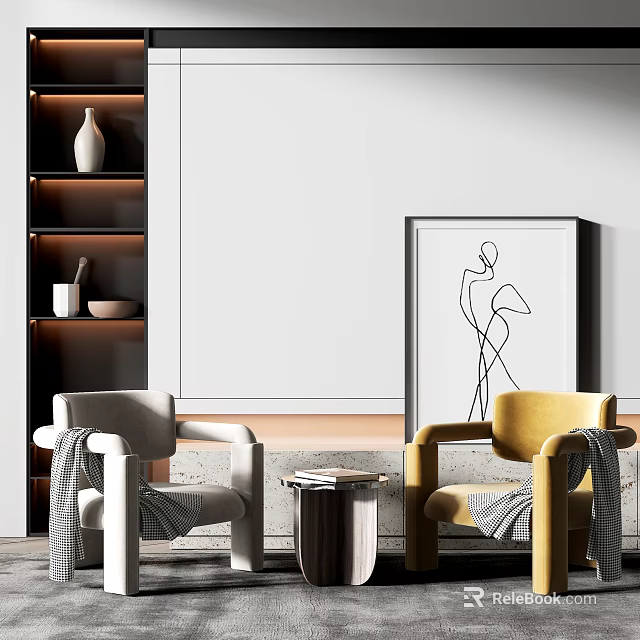 Modern Leisure Sofa Combination With Grey Yellow Armchairs Side Table And Line Art Decor 3d model 