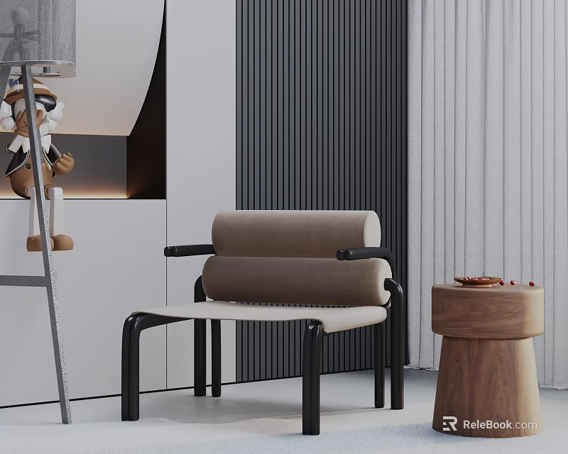 Modern Leisure Chair With Brown Beige Cushions Black Metal Frame And Wooden Side Table 3d model 