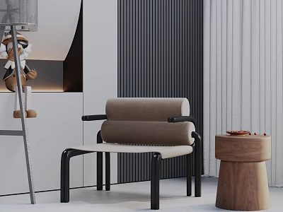 Modern Leisure Chair With Brown Beige Cushions Black Metal Frame And Wooden Side Table 3d model