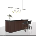 Modern Bar Counter With Wooden Slats Black Top Pendant Lights Green Plant And Bar Stools