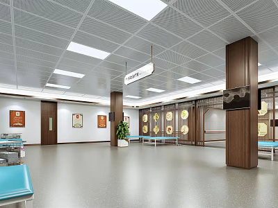 Medical Waiting Area Interior With Blue Seats Wooden Pillars Ceiling Lights And Decorative Paintings 3d model