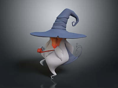 Blue Curved Tip Wizard Hat With Floating White Beard Character And Red Pipe 3d model