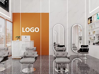 Modern Elegant Hair Salon Interior With Gray Chairs Oval Mirrors And White Counter 3d model