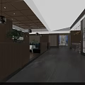 Wooden Reception Area Interior With Marble Counter Display Shelves Chandeliers And Landscape Painting