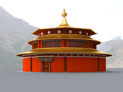 Red Pagoda With Golden Top And Multi Tiered Structure In Mountainous Landscape 3d model