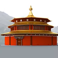 Red Pagoda With Golden Top And Multi Tiered Structure In Mountainous Landscape