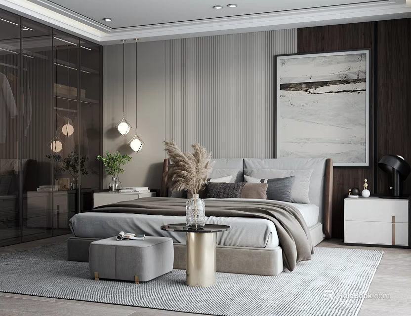 Modern Bedroom Interior Design With Cozy Bed Bedside Tables Large Artwork Pendant Lights And Soft Rug 3d model 
