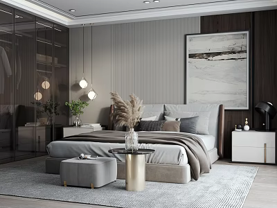 Modern Bedroom Interior Design With Cozy Bed Bedside Tables Large Artwork Pendant Lights And Soft Rug 3d model