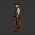 Man Wearing Brown Vest White Shirt Pants With Hat Glasses Orange Briefcase On Gray Background