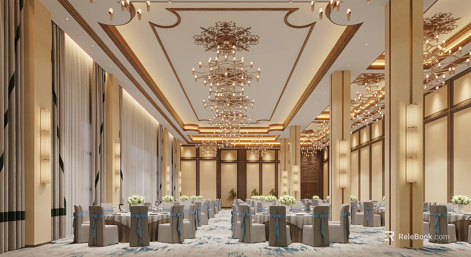 Luxurious Banquet Hall Interior With Crystal Chandeliers And Dining Table Chair Arrangements 3d model 