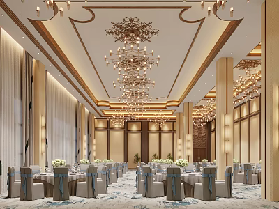Luxurious Banquet Hall Interior With Crystal Chandeliers And Dining Table Chair Arrangements 3d model