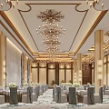 Luxurious Banquet Hall Interior With Crystal Chandeliers And Dining Table Chair Arrangements