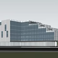 Modern Glass Office Building With Green Lawn Trees And People Around