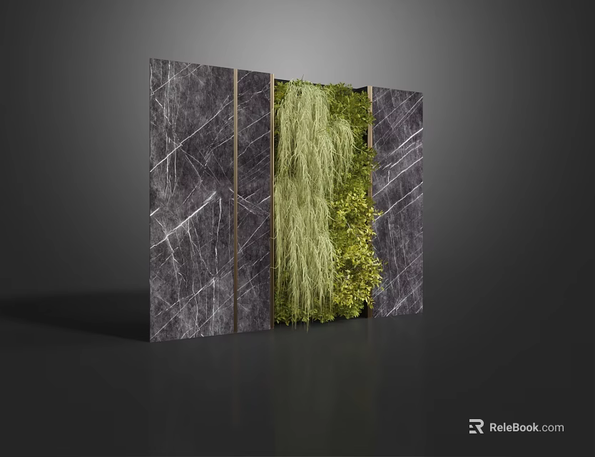 Modern Gray Marble Feature Wall With Vertical Greenery And Metal Strips 3d model 