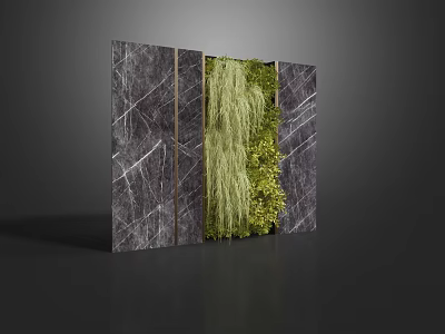 Modern Gray Marble Feature Wall With Vertical Greenery And Metal Strips 3d model