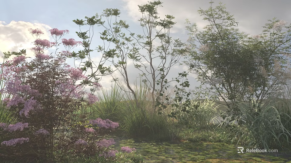 Lush Shrubs with Purple Flowers Green Foliage and Tall Grasses Near Water Pond Area 3d model 