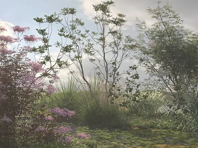 Lush Shrubs with Purple Flowers Green Foliage and Tall Grasses Near Water Pond Area 3d model