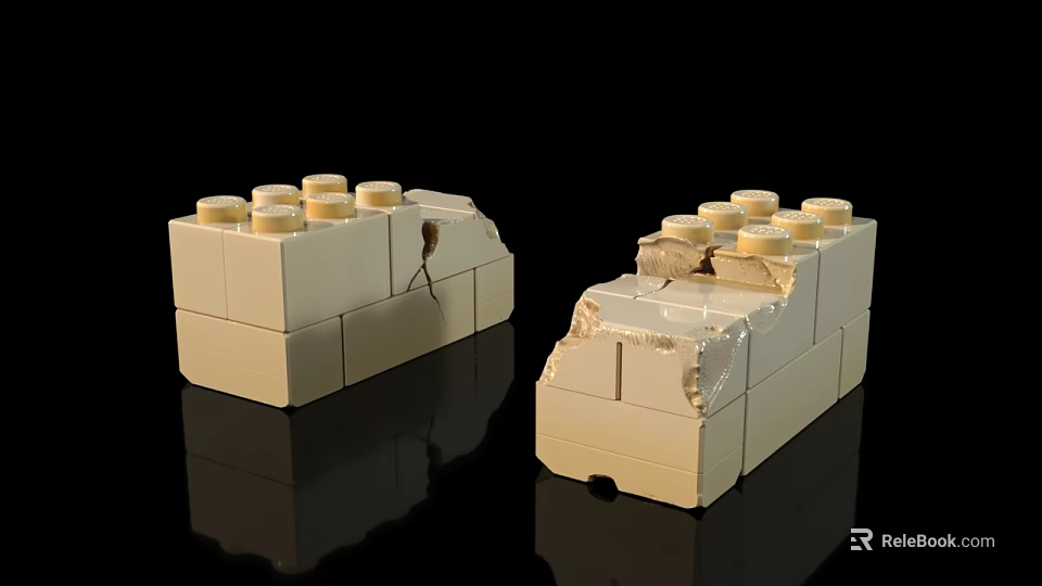 Two Damaged Building Blocks With Cracks And Chips On Black Surface 3d model 