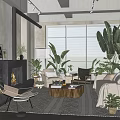 Elegant Modern Office Interior With Green Plants Sofa Fireplace And Floor To Ceiling Windows