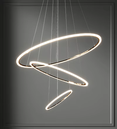 Contemporary Illuminated Chandelier With Multiple Circular Rings Hanging In Modern Space 3d model