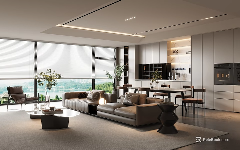 Modern Living and Dining Room Interior With Large Windows Blinds Sofa Dining Table And Plants 3d model 