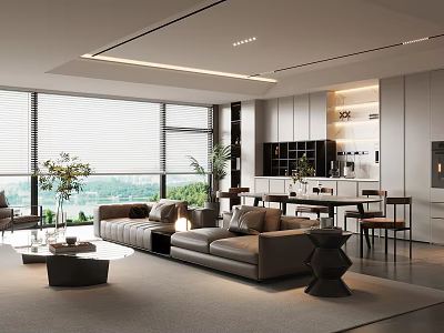 Modern Living and Dining Room Interior With Large Windows Blinds Sofa Dining Table And Plants 3d model