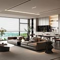 Modern Living and Dining Room Interior With Large Windows Blinds Sofa Dining Table And Plants
