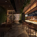 Traditional Japanese Restaurant Interior with Wooden Bar Counter Dining Tables and Green Plants