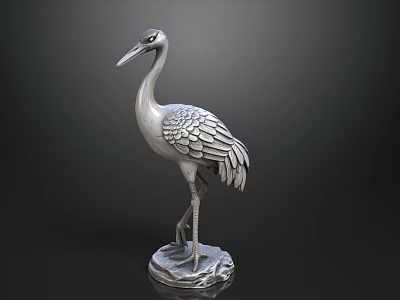Elegant Silver Crane Decorative Figurine With Reflective Base On Black Background 3d model