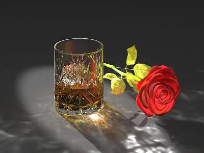 Whiskey glass with ice red rose 3d model