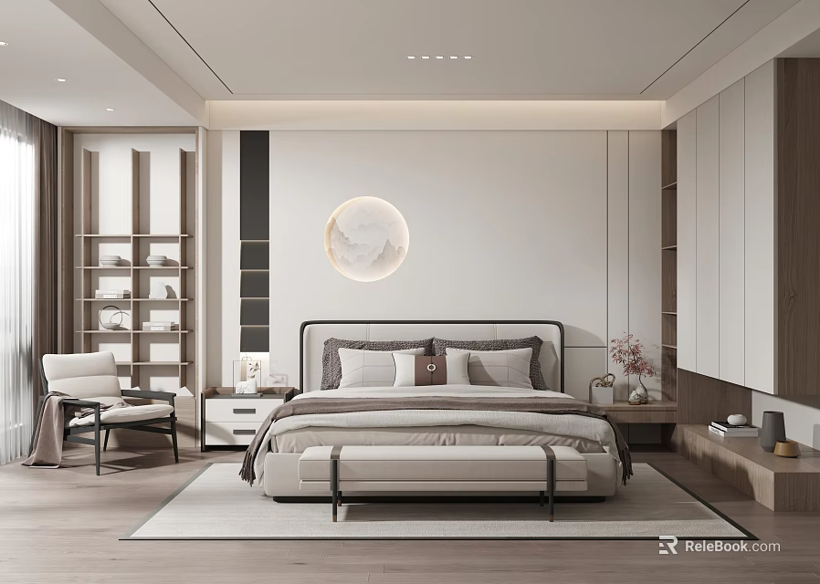Modern Minimalist Bedroom Interior Design With Circular Decorative Painting Wooden Bookshelf And Bedside Tables 3d model 
