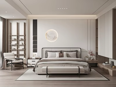 Modern Minimalist Bedroom Interior Design With Circular Decorative Painting Wooden Bookshelf And Bedside Tables 3d model