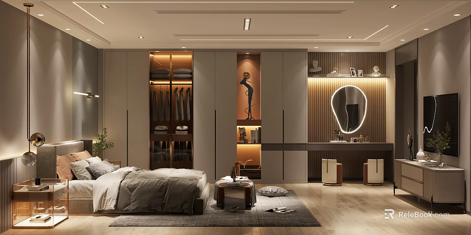 Modern Bedroom Interior Design Featuring Bed Built in Closet Dressing Table And Round Mirror 3d model 