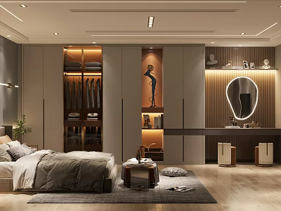 Modern Bedroom Interior Design Featuring Bed Built in Closet Dressing Table And Round Mirror 3d model