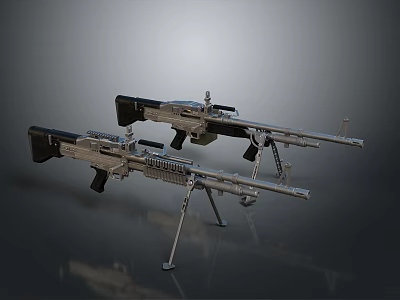 Two Modern Silver Sniper Rifles With Tripod Stands And Tactical Metal Finish Design 3d model