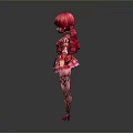 Woman With Red Twin Tails In Pink And White Decorative Dress With Floral Patterns